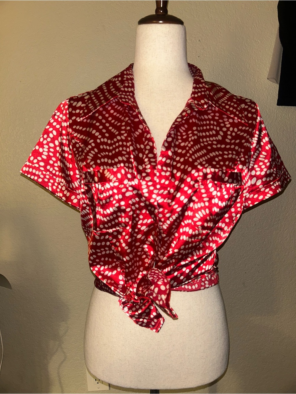BCBGMaxAzria Red Polka Dot Print Satin Blouse